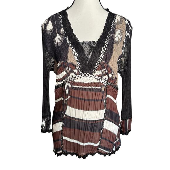 Alberto Makali Tops - Alberto Makali Sheer Blouse Large Y2K Boho Crinkle Abstract Lace Stretchy Career